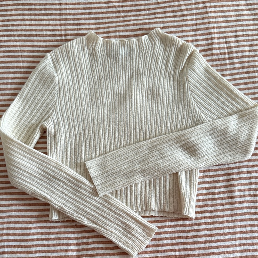 Zara Cream Ribbed Long-Sleeve Mock Neck Top